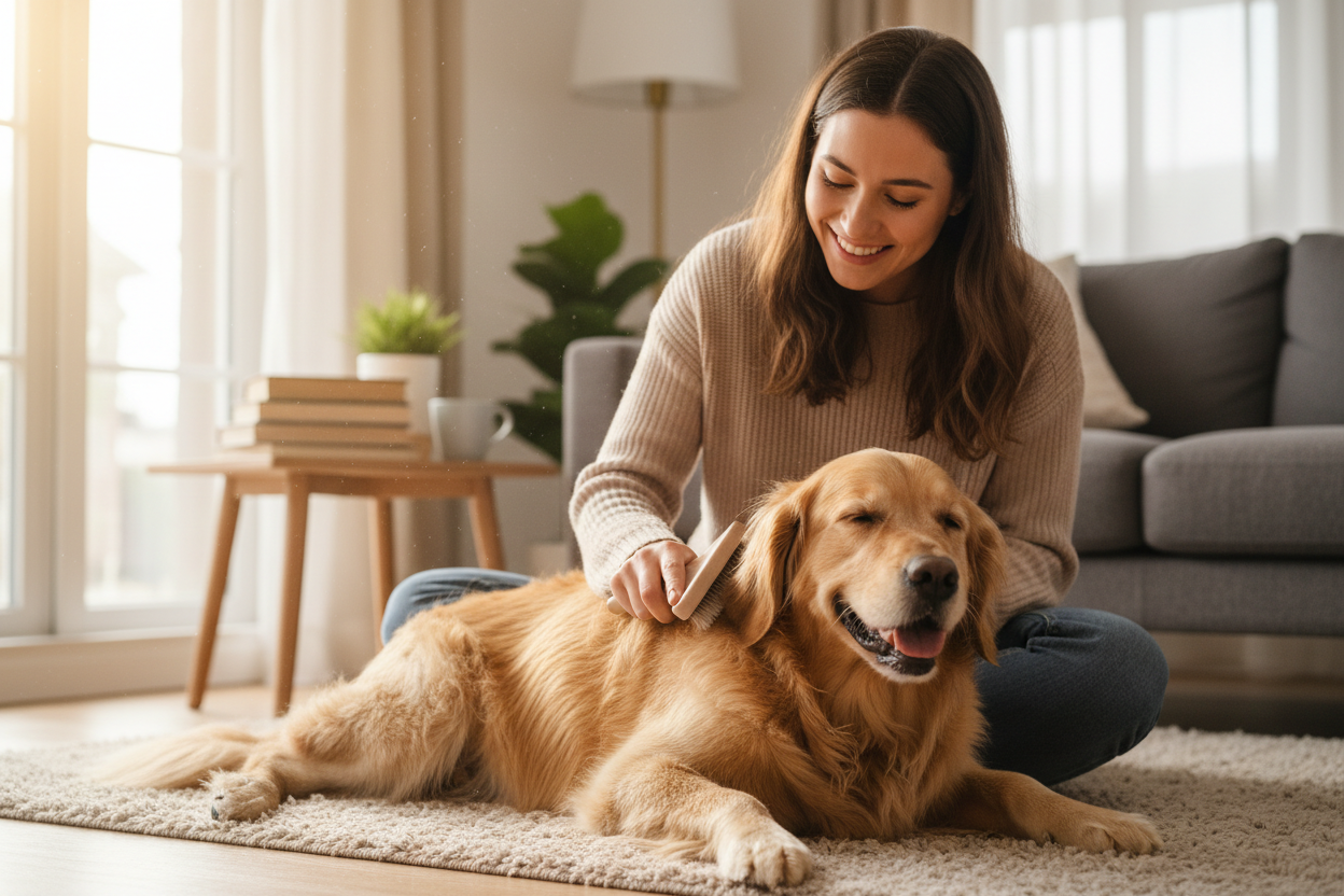 le maitre en train de brosser son chien avec une brosse nettoyante 