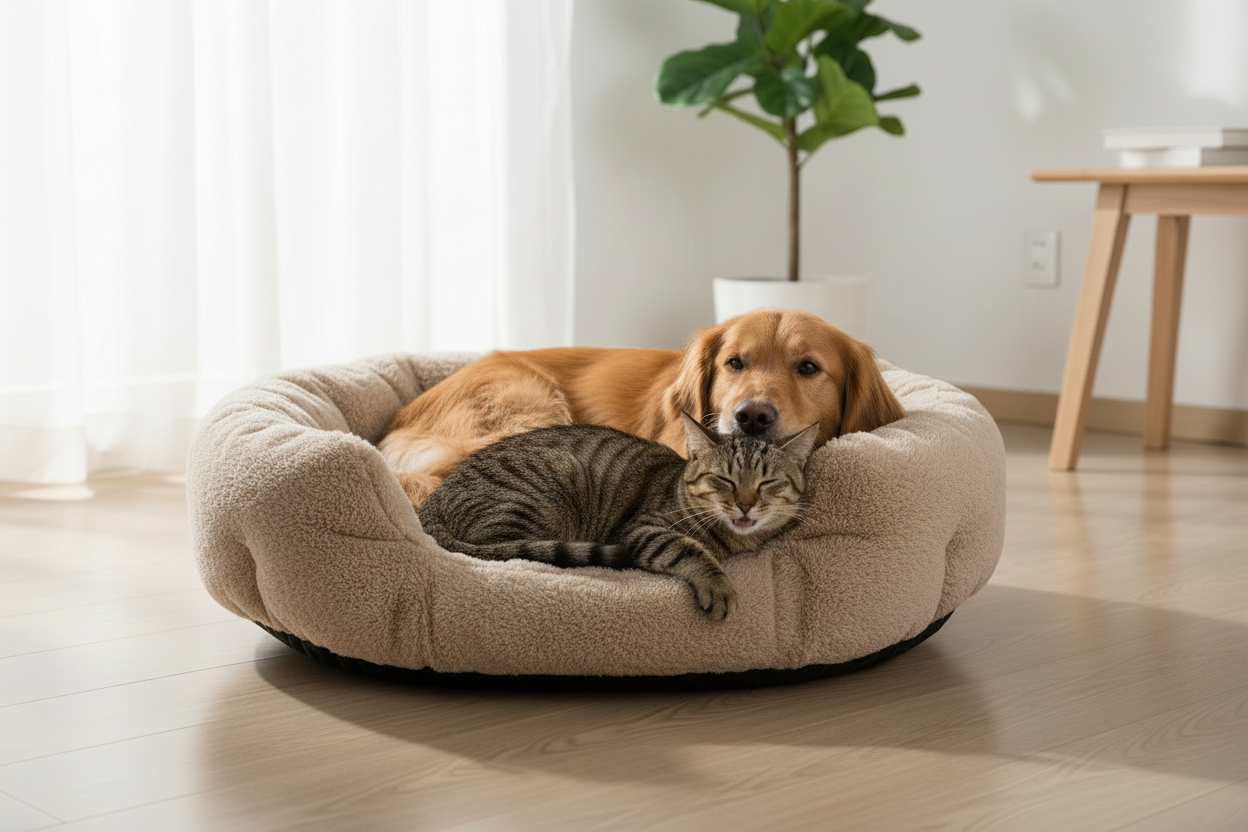 tu peux rajouter un chien et un chat sur le lit ?