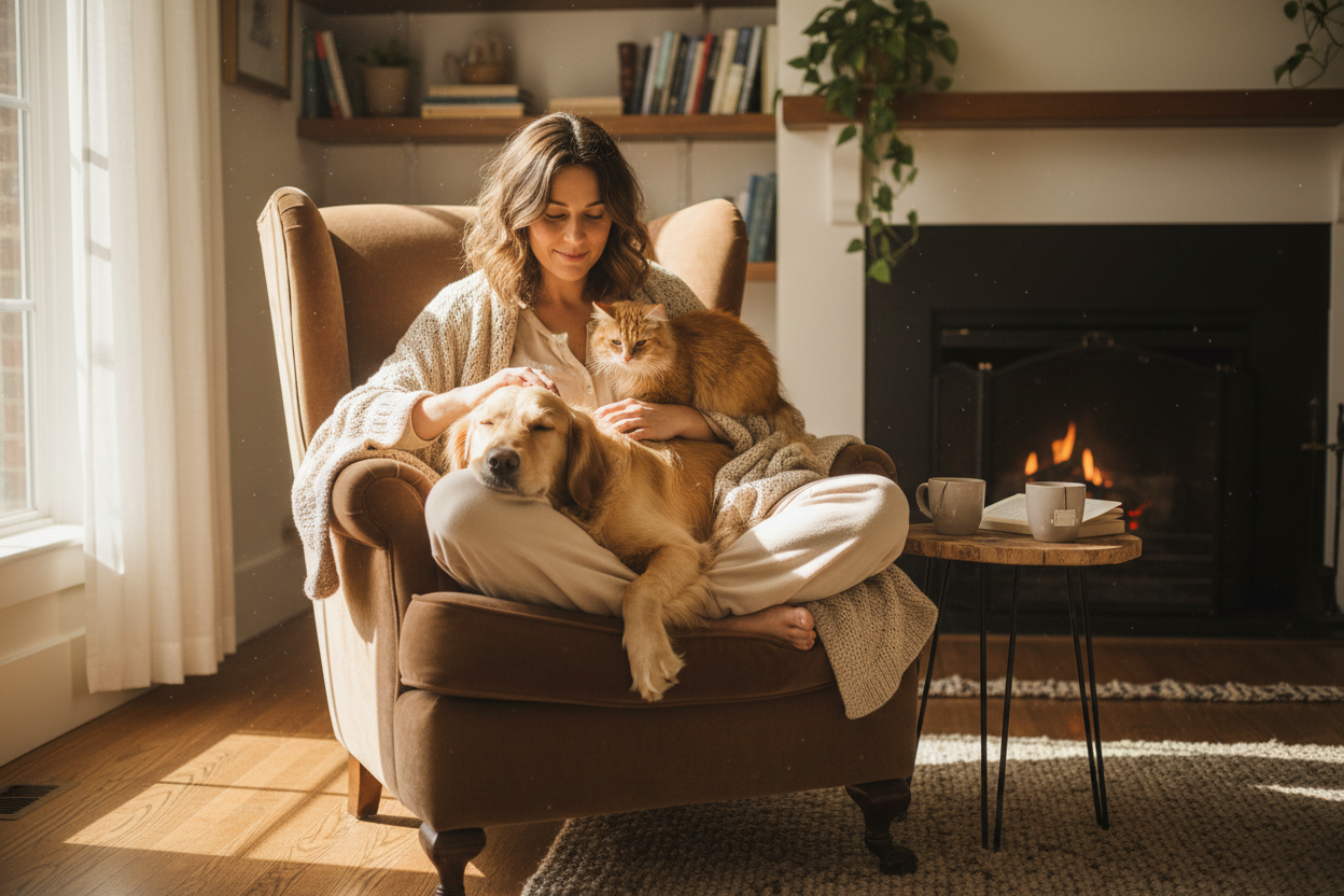 Un chien et un chat détendue avec son propriétaire