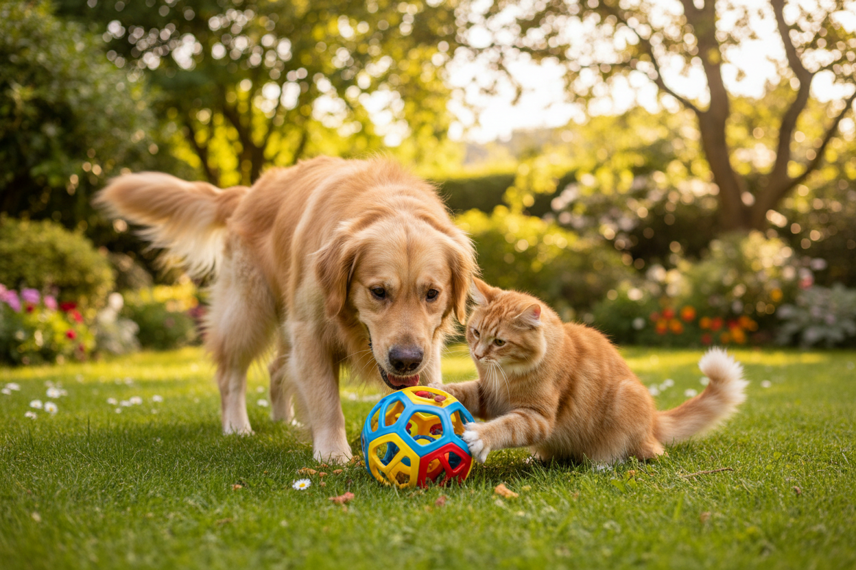 un chien et un chat en train de jouer avec un jouet dehors 
